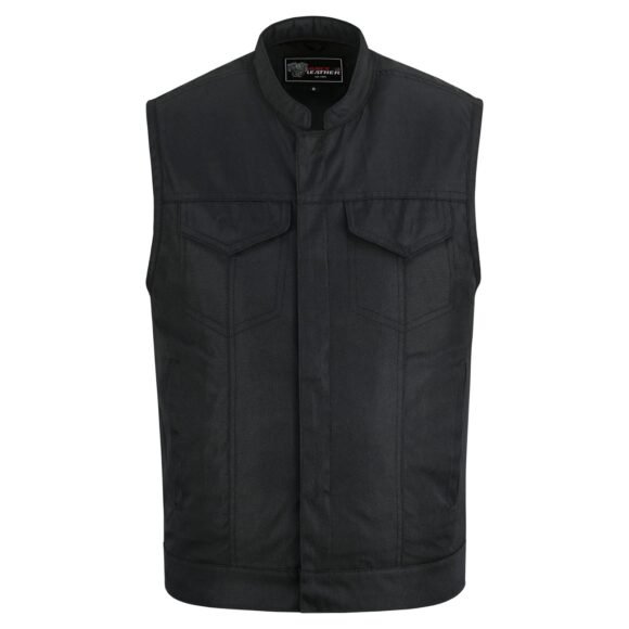 mens black textile club style biker vest | front zipper