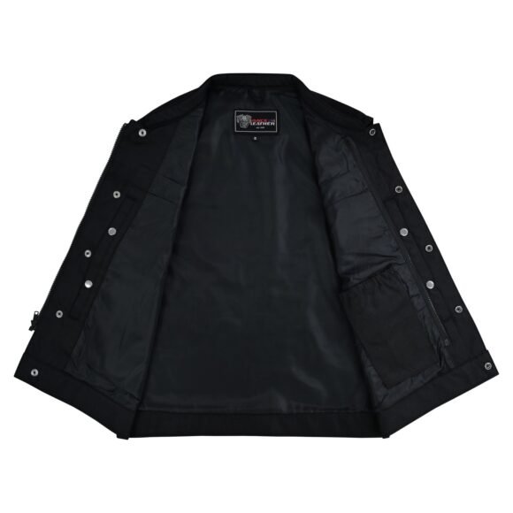 mens black textile club style biker vest | front zipper