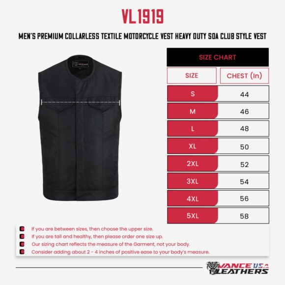 mens collarless textile biker vest | front zipper