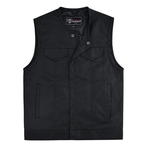 mens collarless textile biker vest | front zipper