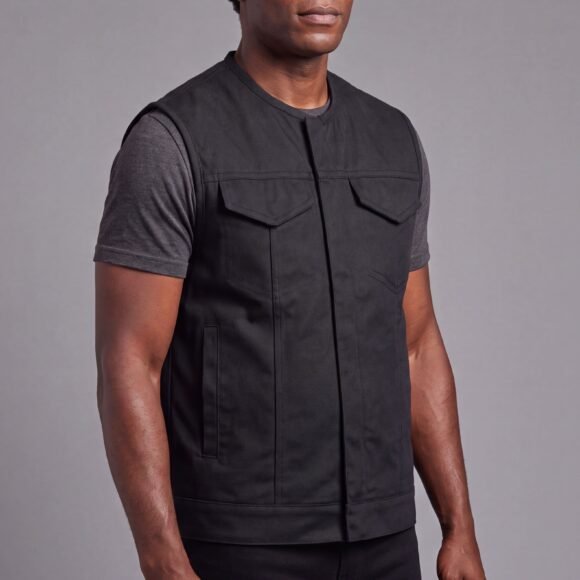 mens collarless textile biker vest | front zipper