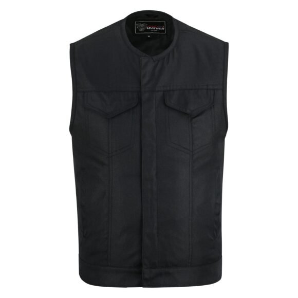 mens collarless textile biker vest | front zipper