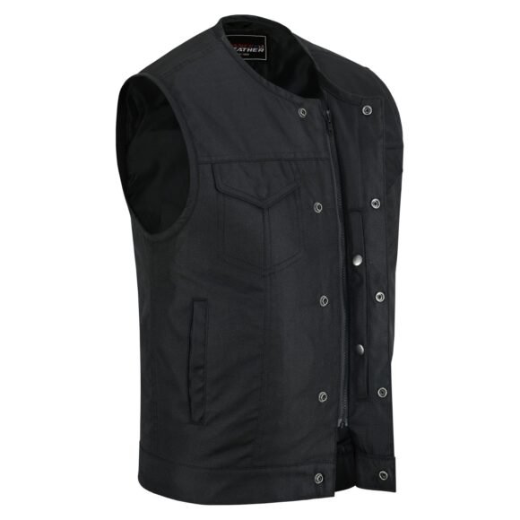 mens collarless textile biker vest | front zipper