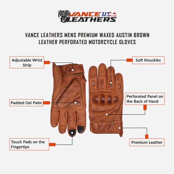 leathers mens premium waxed austin brown leather perforated riding gloves