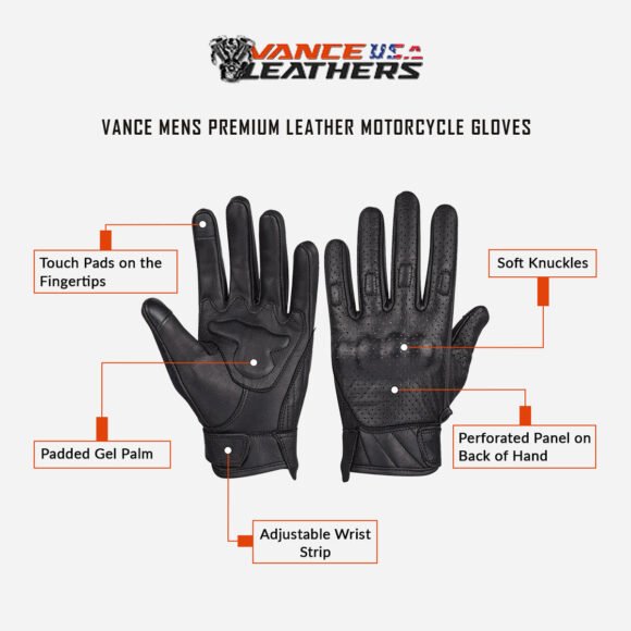 mens premium leather perforated cruiser gloves with knuckle protection touchscreen riding gloves