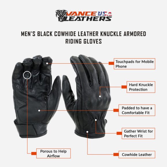 mens black cowhide leather knuckle armored riding gloves