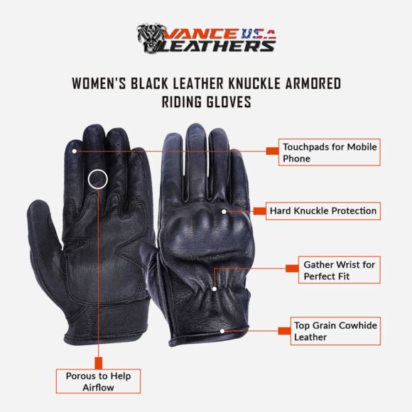 vance womens black leather knuckle armored riding gloves