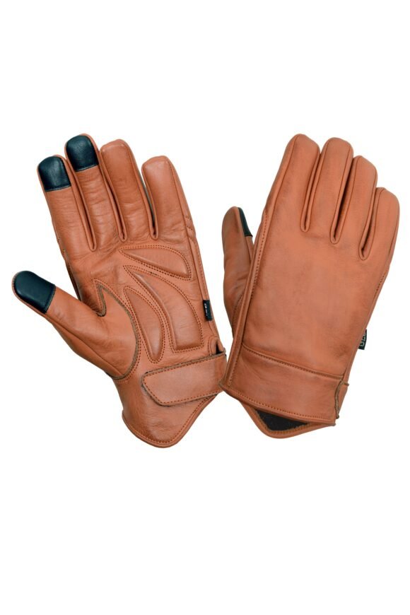 mens premium brown leather motorcycle gloves riding gloves w/ gel palm padding | touchscreen fingertips