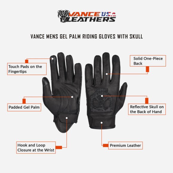 leather premium leather motorcycle glove riding gloves with reflective skull design gel palm | touchscreen capability