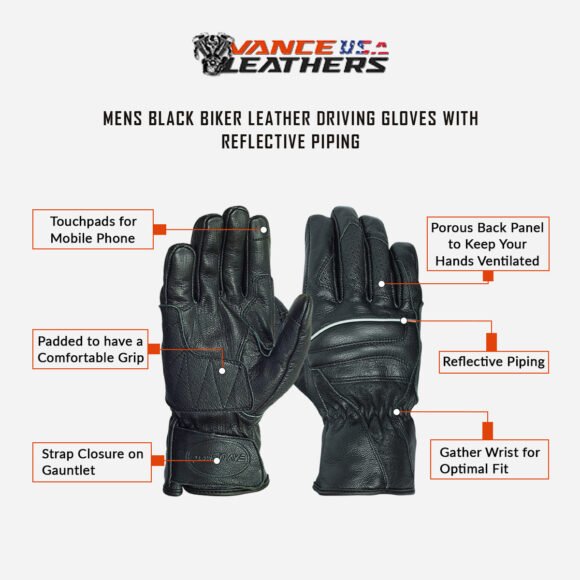 mens black rider leather driving gloves with reflective piping