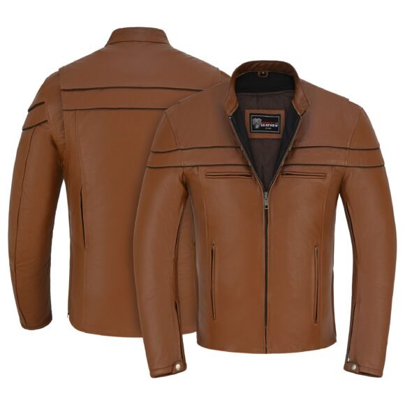 men's cognac brown premium cowhide cafe racer leather motorcycle jacket with zipper vents