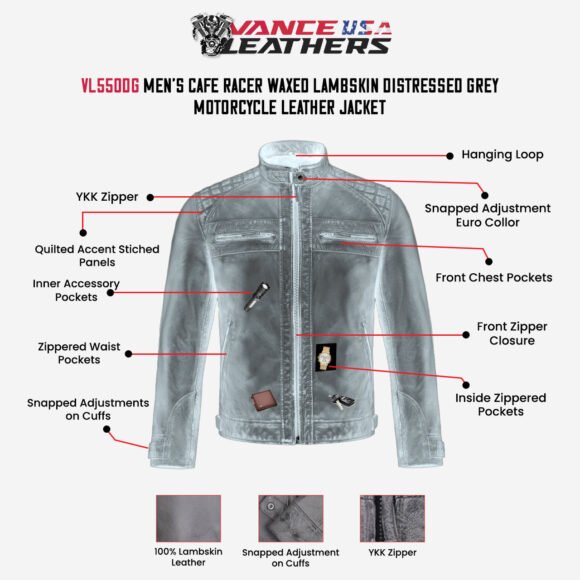 men's cafe racer waxed lambskin distressed grey motorcycle leather jacket