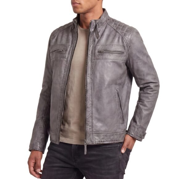 men's cafe racer waxed lambskin distressed grey motorcycle leather jacket