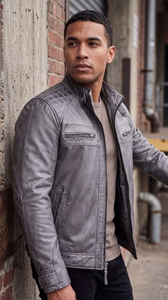 men's cafe racer waxed lambskin distressed grey motorcycle leather jacket