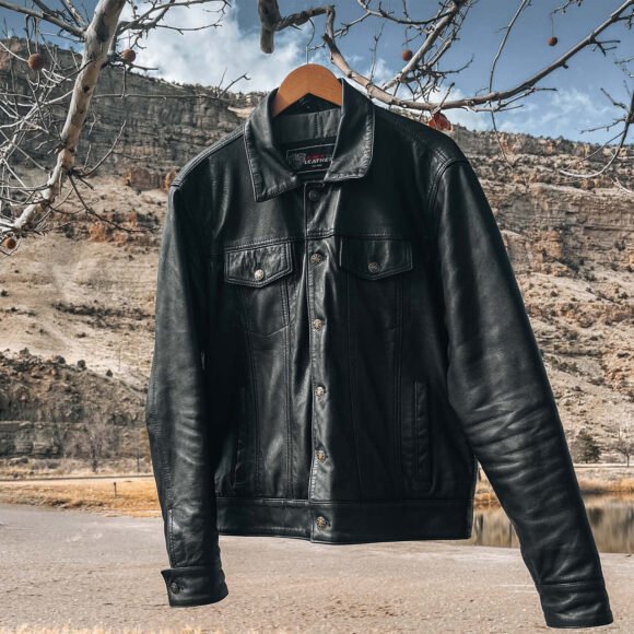 vance leathers' mens black premium classic motorcycle trucker leather jacket