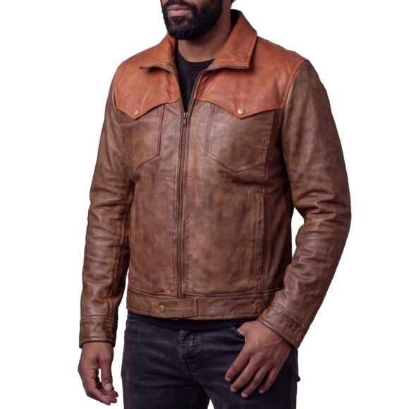 men's western waxed two tone austin brown leather jacket