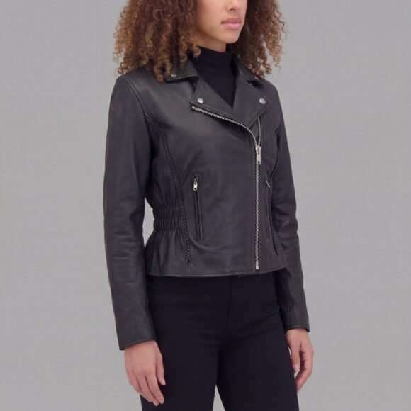 vance leather womens black soft leather jacket | braided | studded