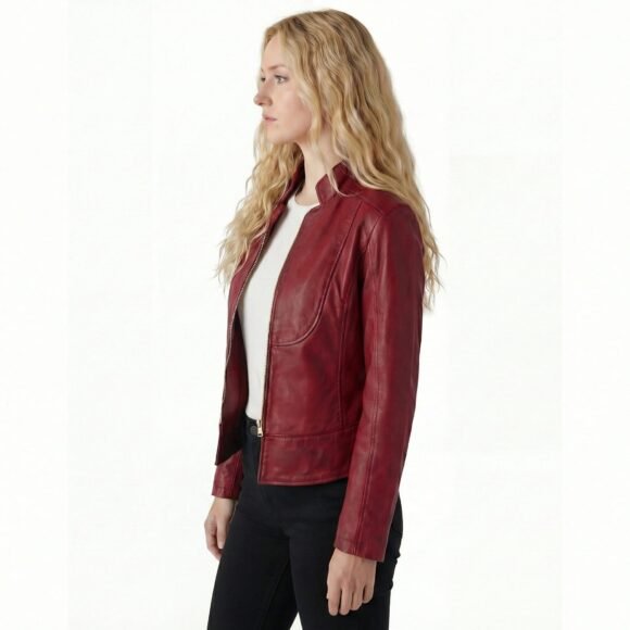 vance maya womens lightweight burgundy fitted leather jacket