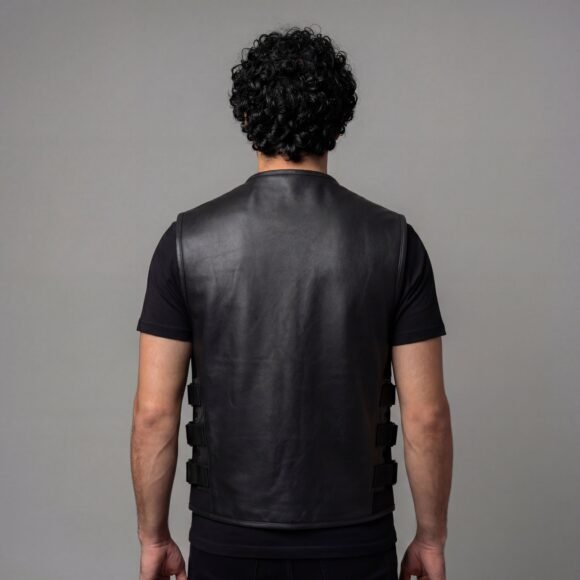 mens black swat style leather motorcycle vest