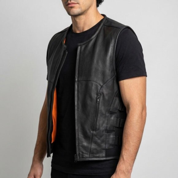 mens black swat style leather motorcycle vest