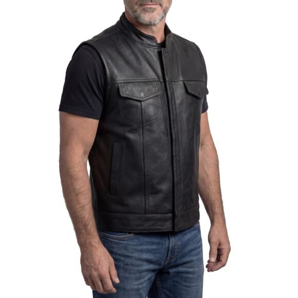 mens black leather concealed carry motorcycle vest