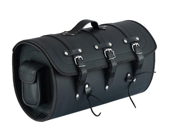 vance men and women black leather drop leg thigh bag with grey leather trim