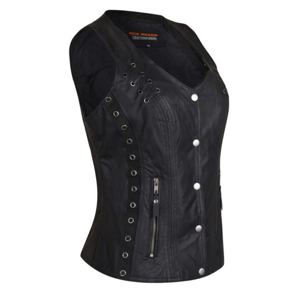 high mileage womens black soft goatskin vest | twill lace | grommet highlights