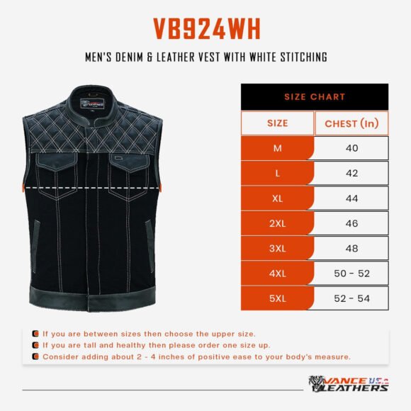 mens denim | leather motorcycle vest | conceal carry pockets | white stitching
