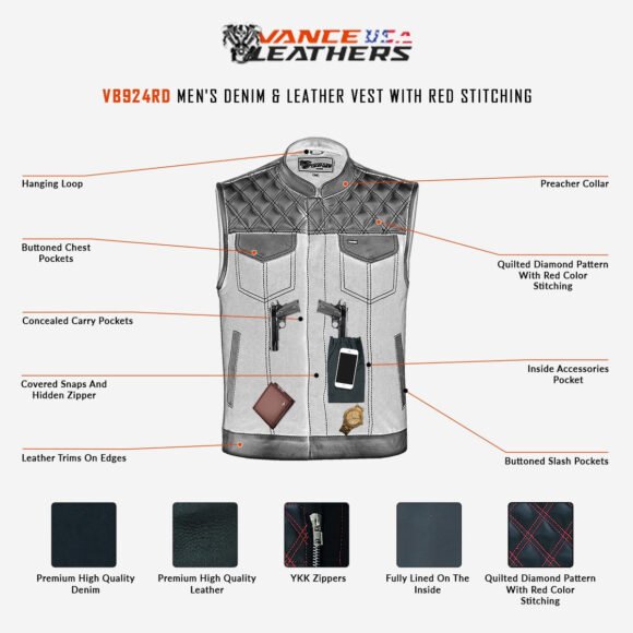 mens denim | leather motorcycle vest | ccw pockets | red stitching.