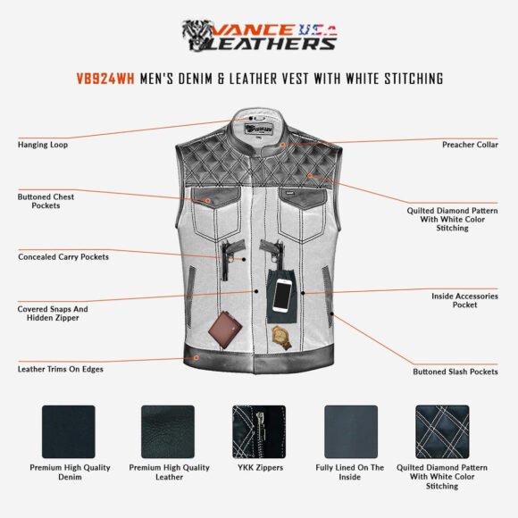 mens denim | leather motorcycle vest | conceal carry pockets | white stitching