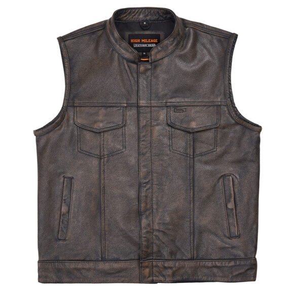 high mileage mens distressed brown leather club vest