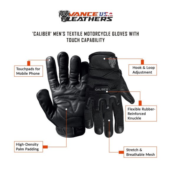 caliber mens textile riding gloves with touch capability